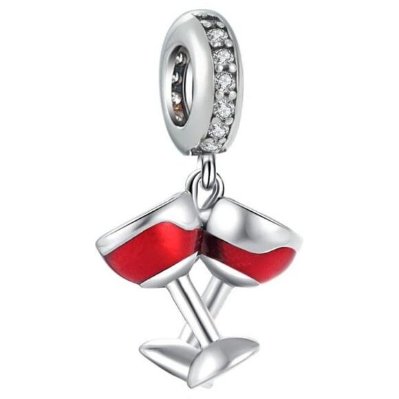 S925 Sterling Silver "Double Red Wine Glasses" Dangling Charm for Charm Bracelet - Picture 2 of 2